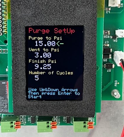 Purge SetUp screen: purge to 15 psi, vent to 3 psi, finish 9.25 psi, 5 cycles