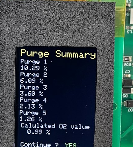 Purge Summary screen with calculated O2 per cycle and Continue YES